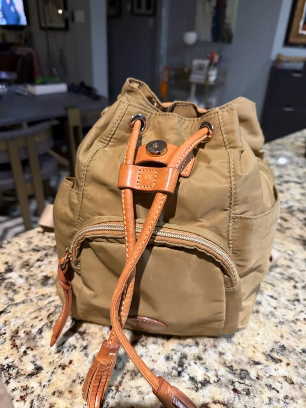 Dooney & Bourke Miramar small Murphy Backpack in Tan with Brown Leather Trim